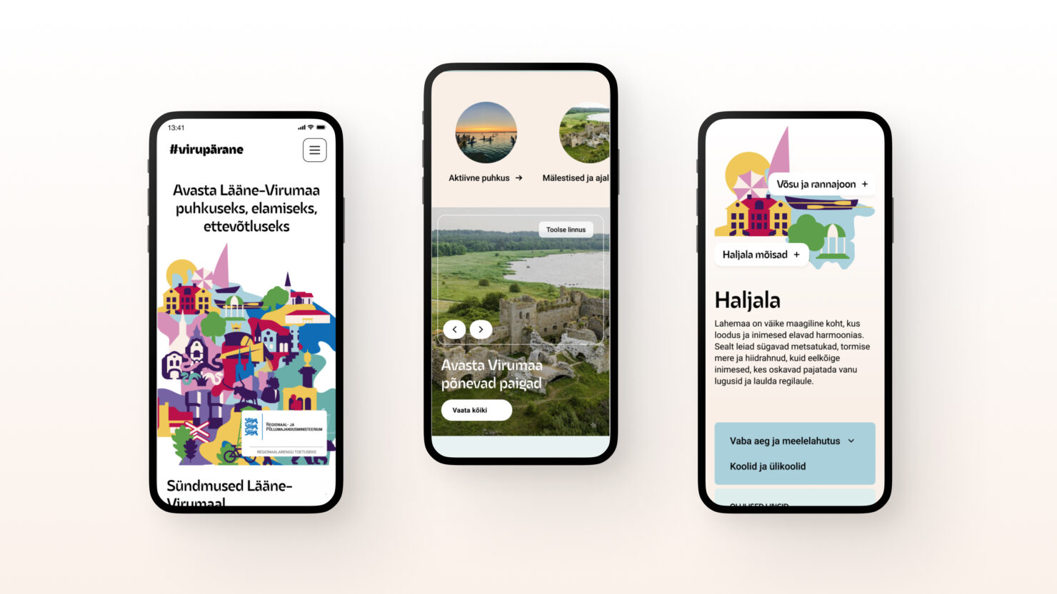 Three mobile phone screens depicting Lääne-Viru tourism destinations